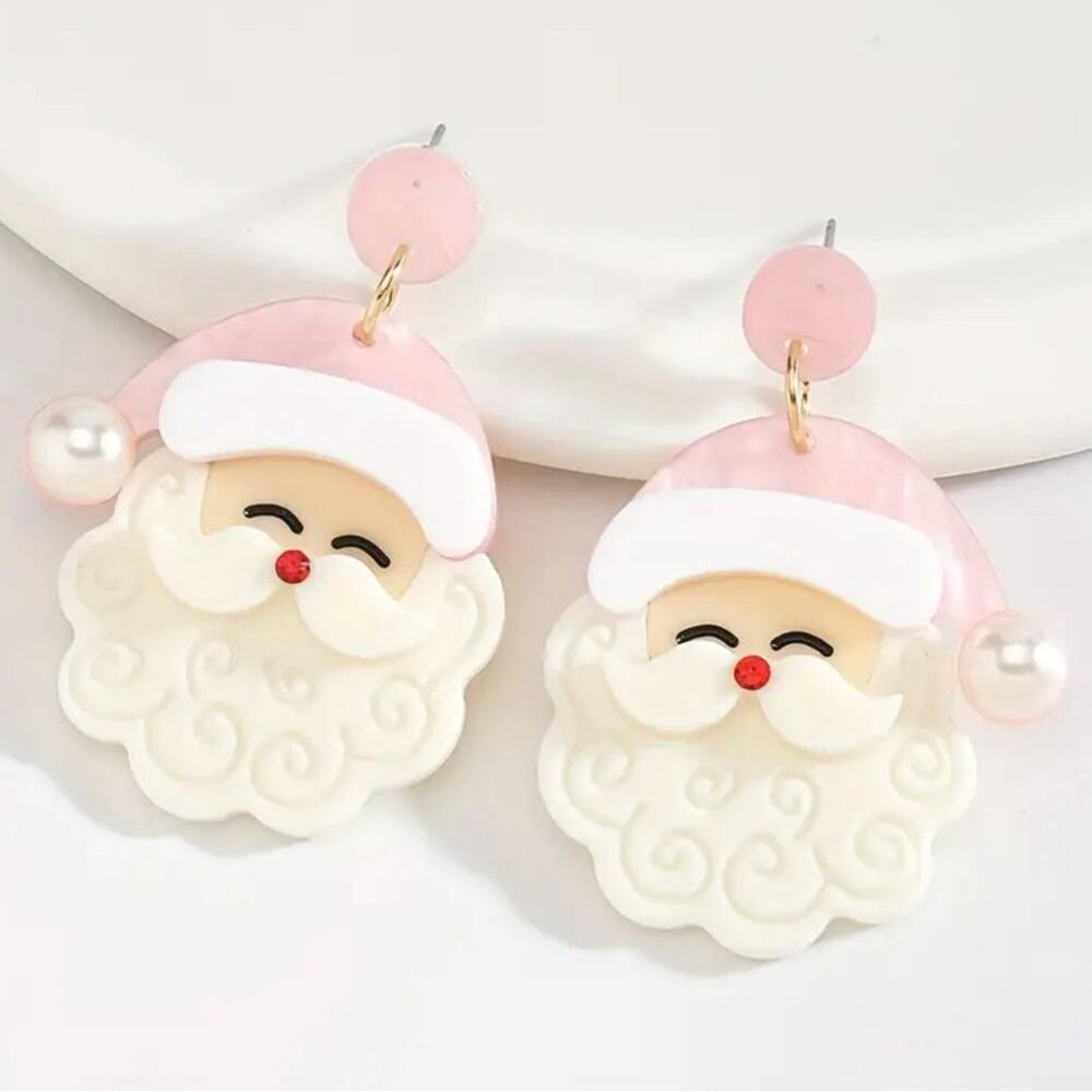 Pink Acrylic Santa Christmas Drop Earrings